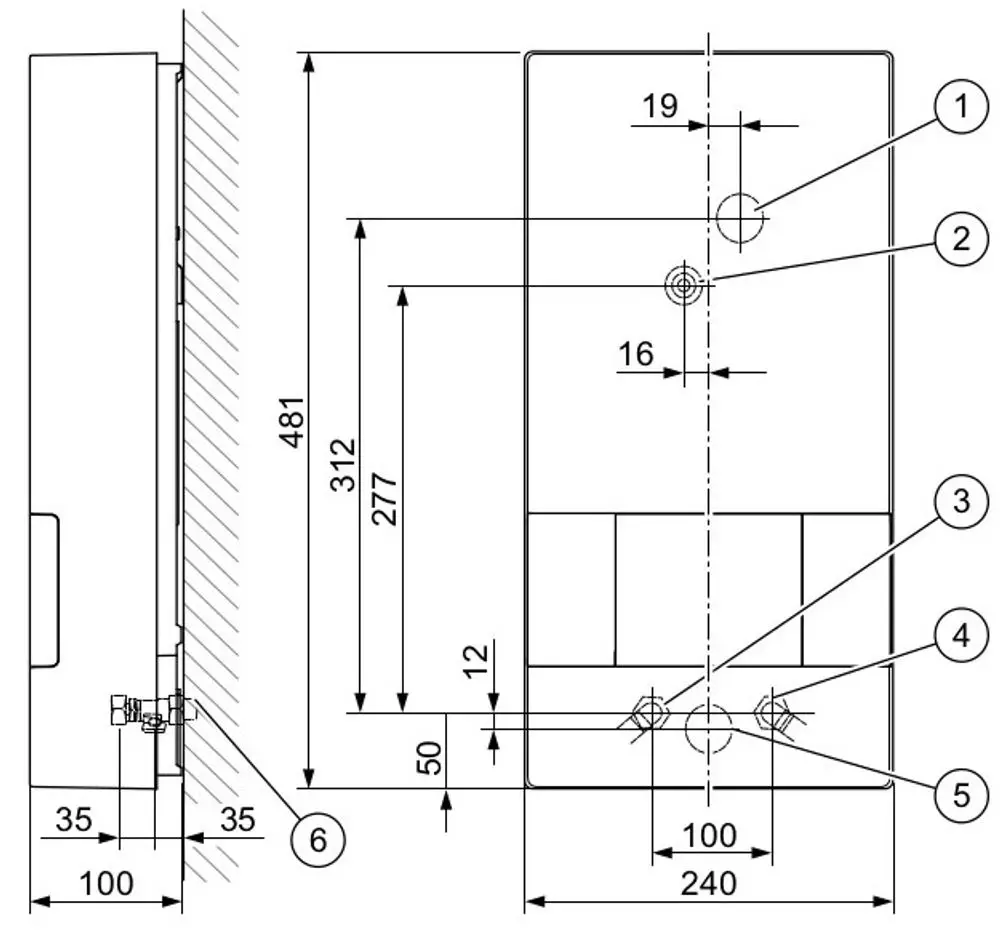 Weißer Elektro-Durchlauferhitzer von Vaillant mit verschiedenen Bohrungen zur Montage an der Wand, inklusive Maßlinien zur Installation.